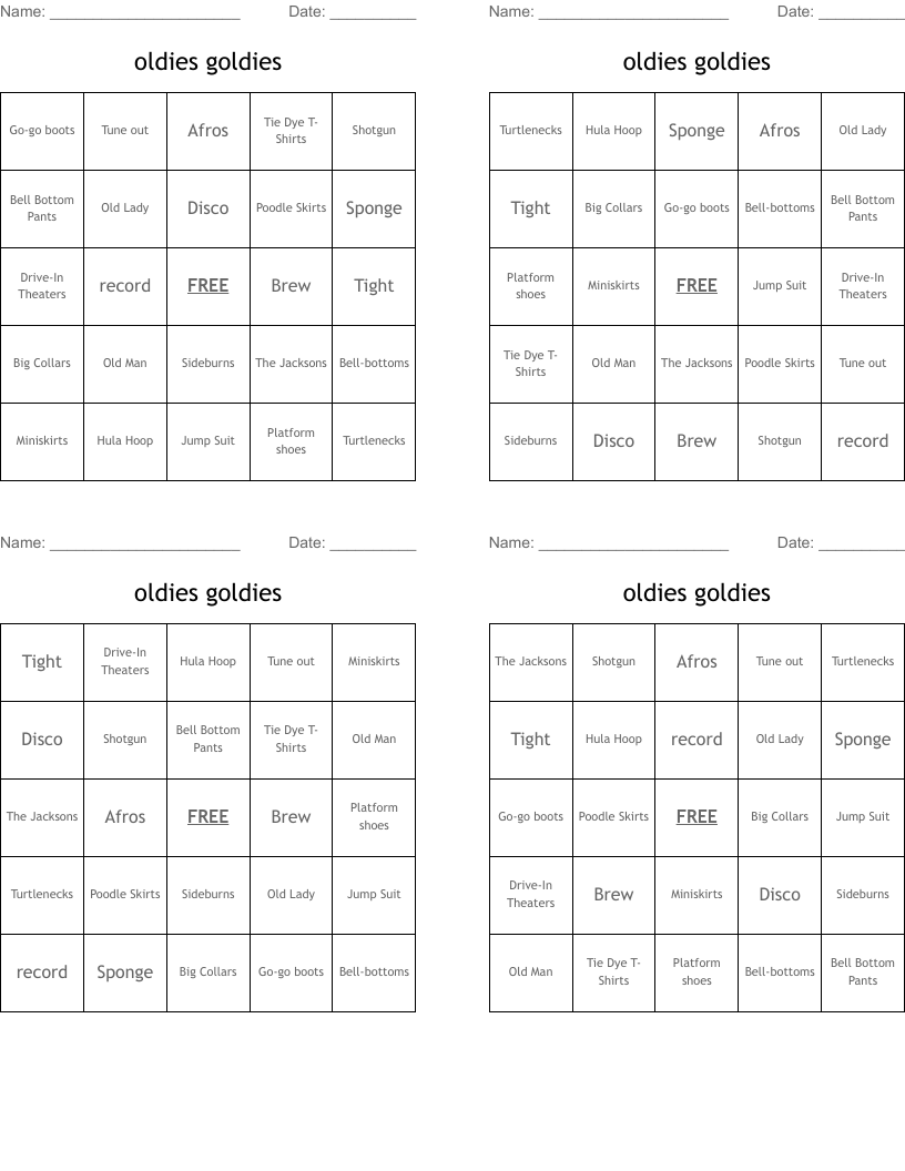 oldies goldies Bingo Cards