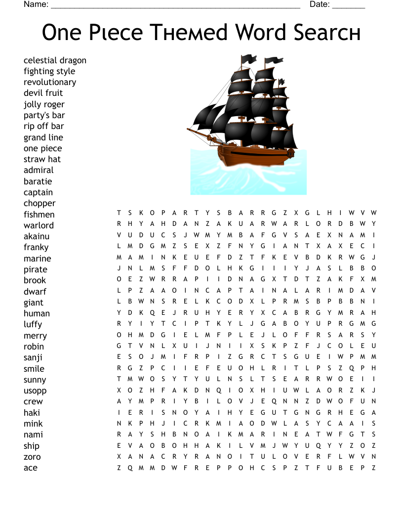 One Pιece Tнeмed Word Searcн Word Search