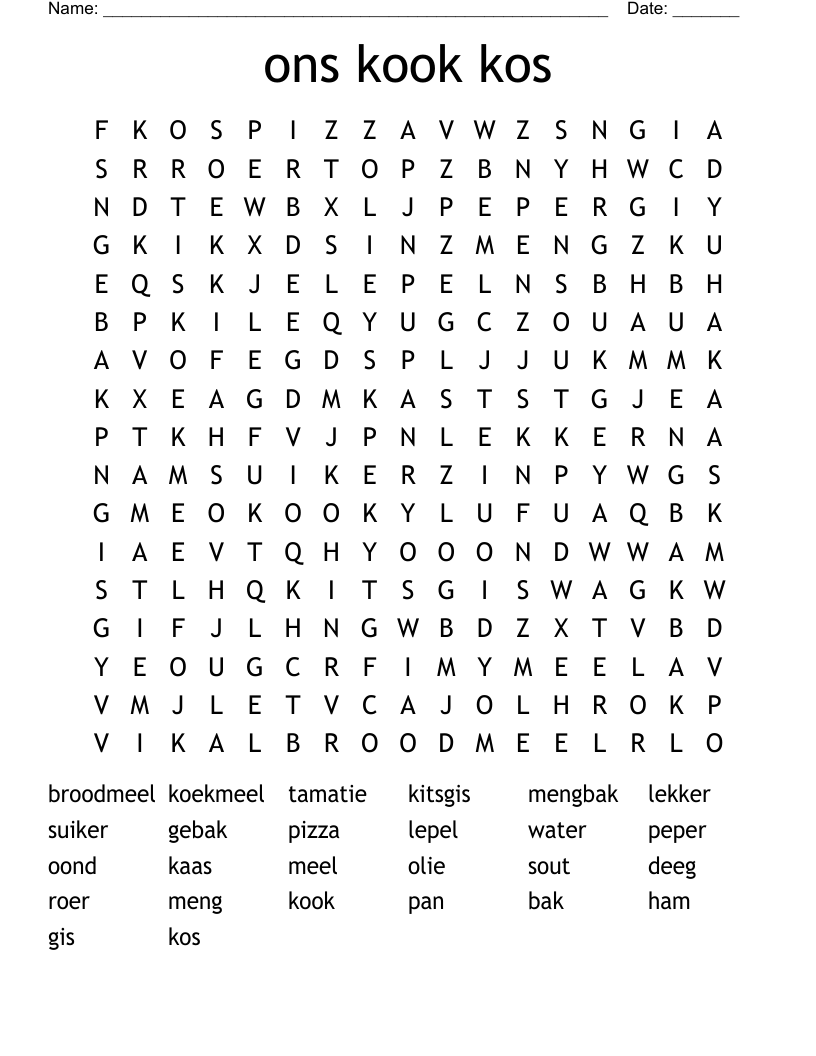 ons kook kos Word Search