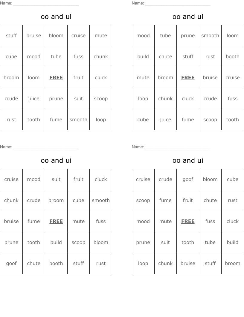 oo and ui Bingo Cards