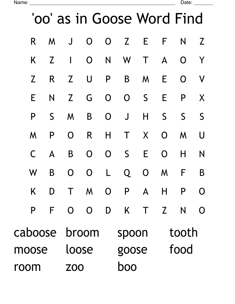 'oo' as in Goose Word Find Word Search