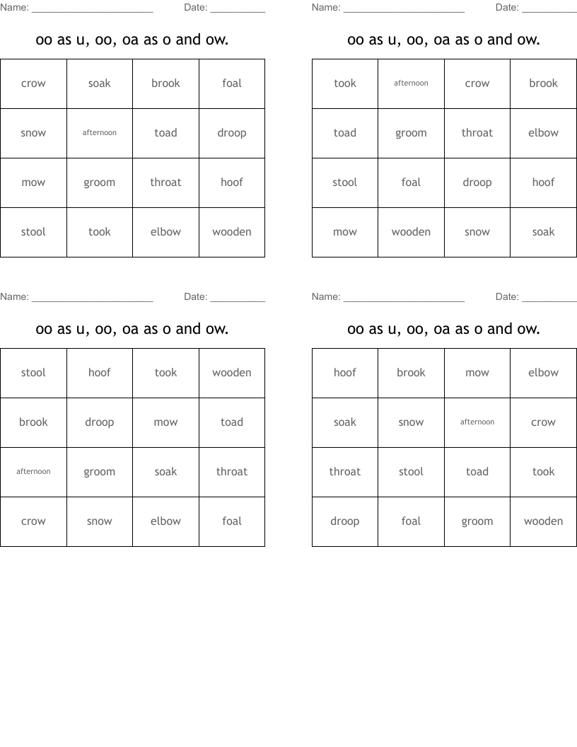 oo as u,  oo, oa as o and ow. Bingo Cards