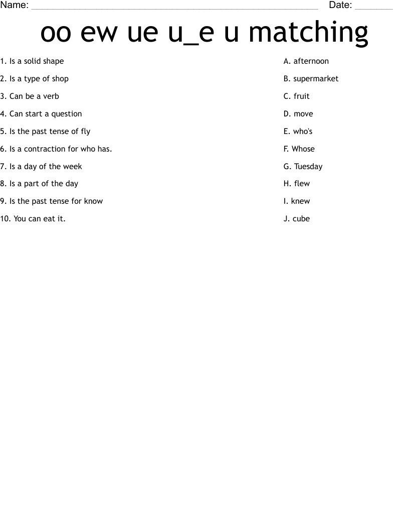 oo ew ue u_e u matching  Worksheet