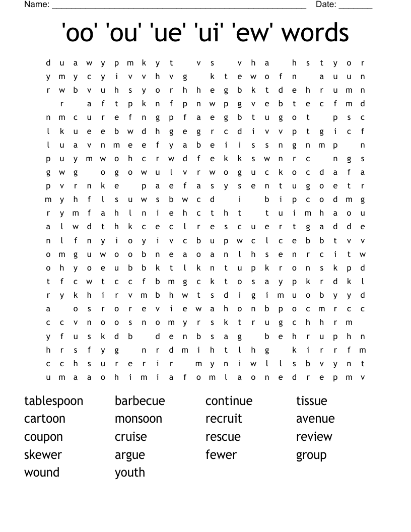 'oo' 'ou' 'ue' 'ui' 'ew' words Word Search