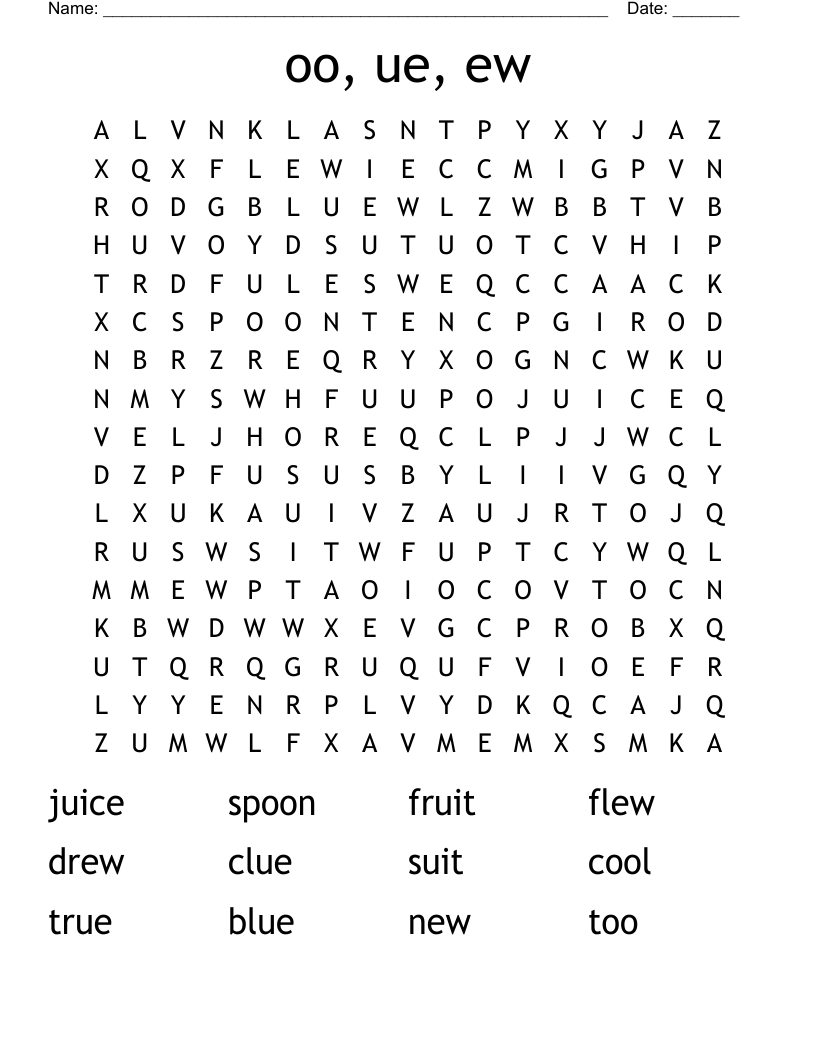 oo, ue, ew Word Search