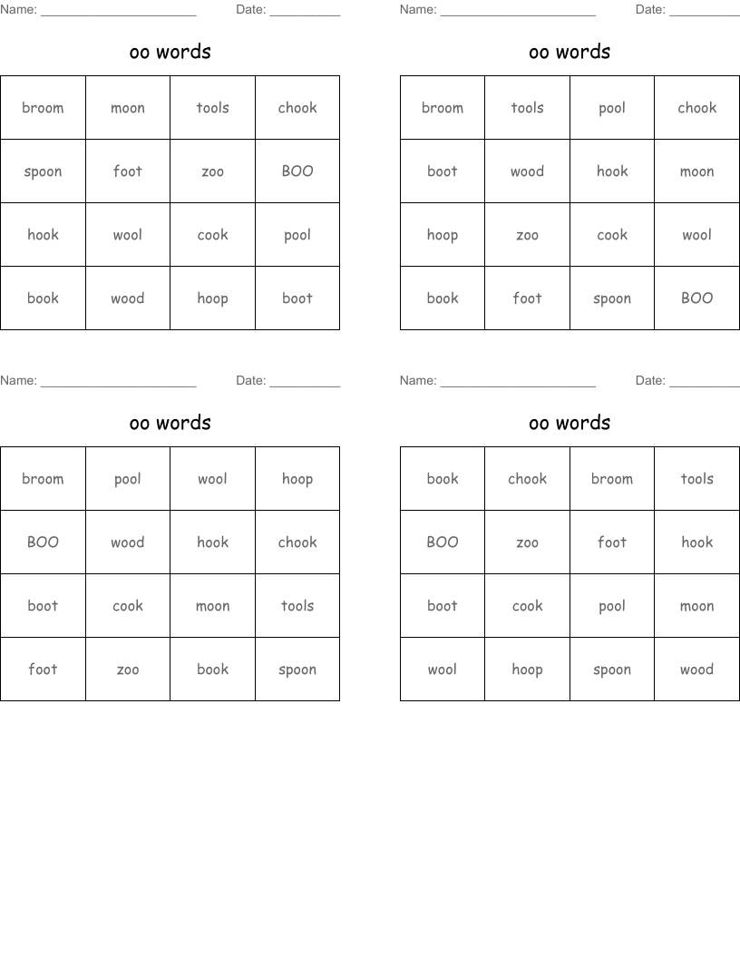 oo words Bingo Cards