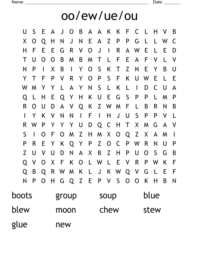oo/ew/ue/ou Word Search