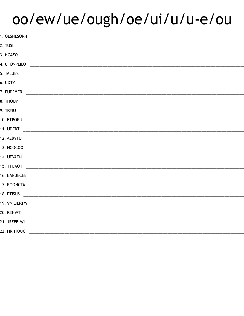 oo/ew/ue/ough/oe/ui/u/u-e/ou Word Scramble