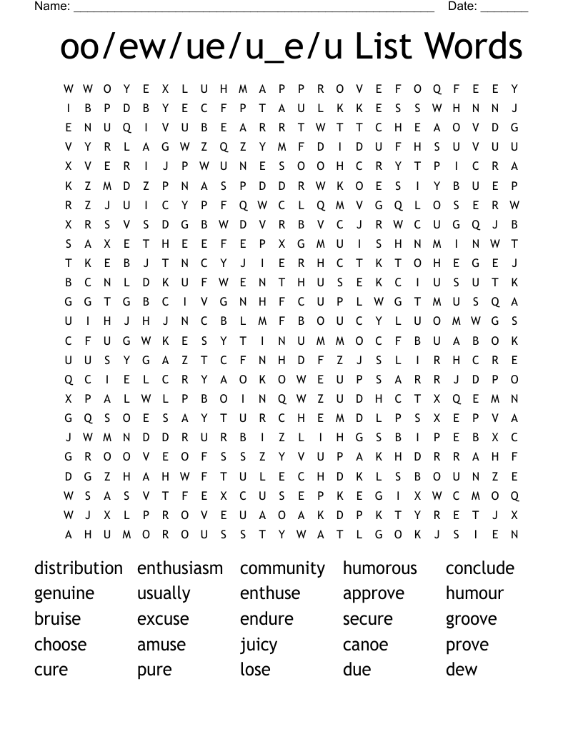 oo/ew/ue/u_e/u List Words Word Search