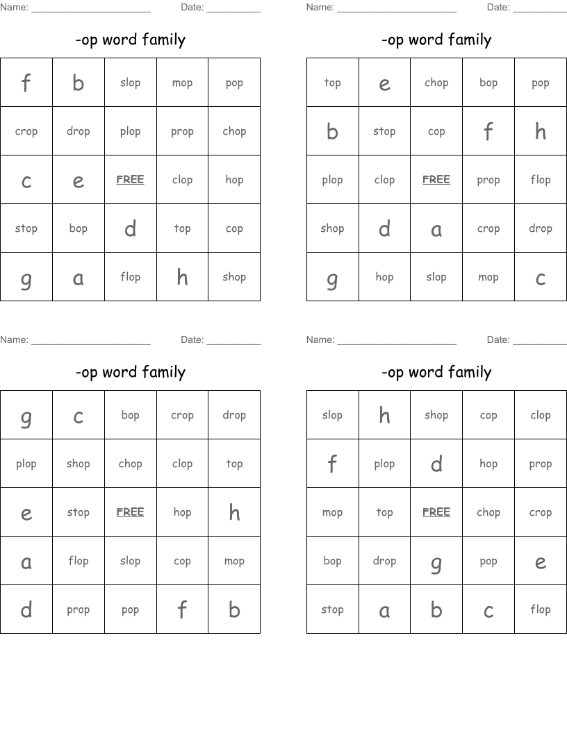 -op word family  Bingo Cards