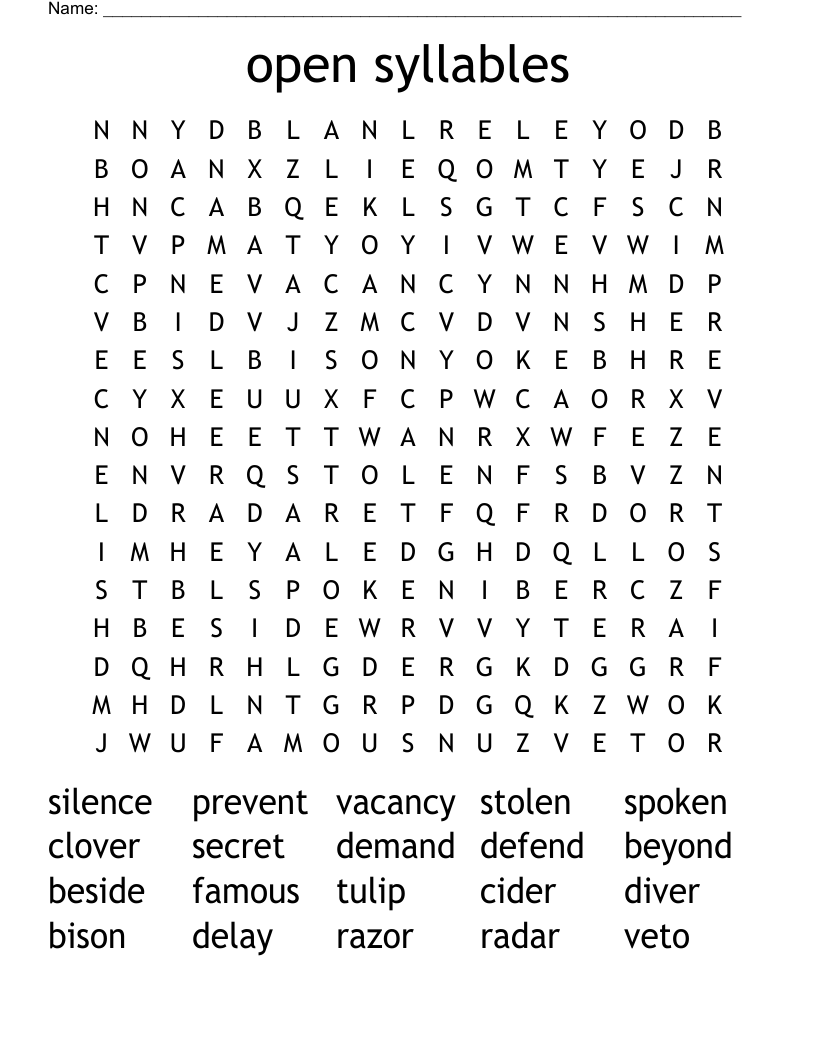 open syllables Word Search