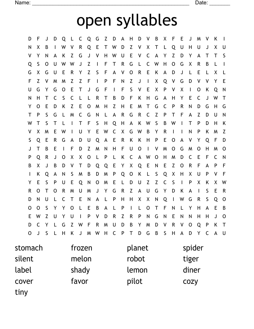 open syllables Word Search