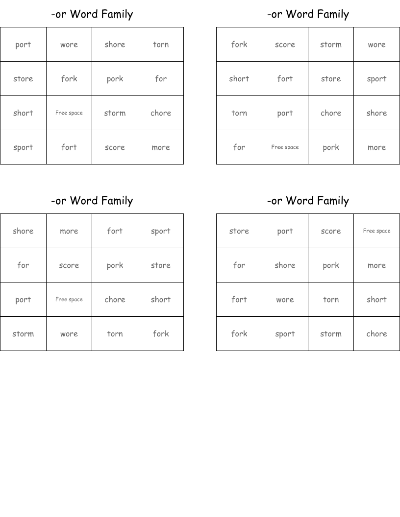 -or Word Family  Bingo Cards