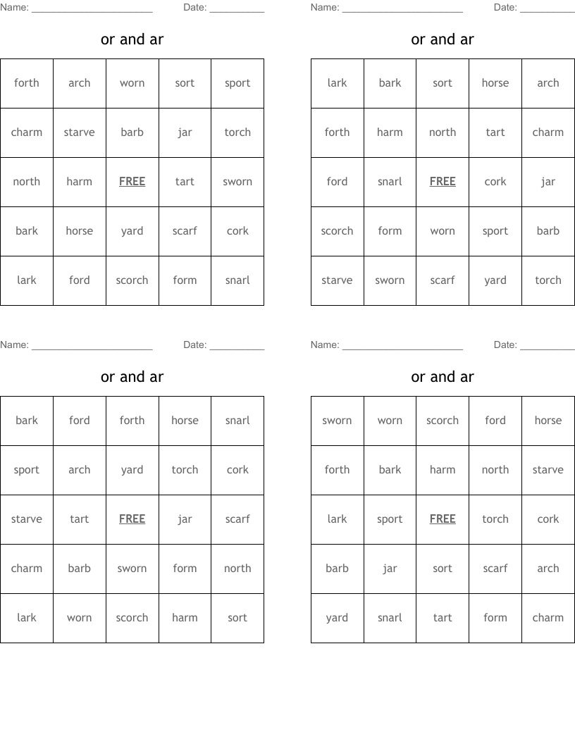 or and ar  Bingo Cards