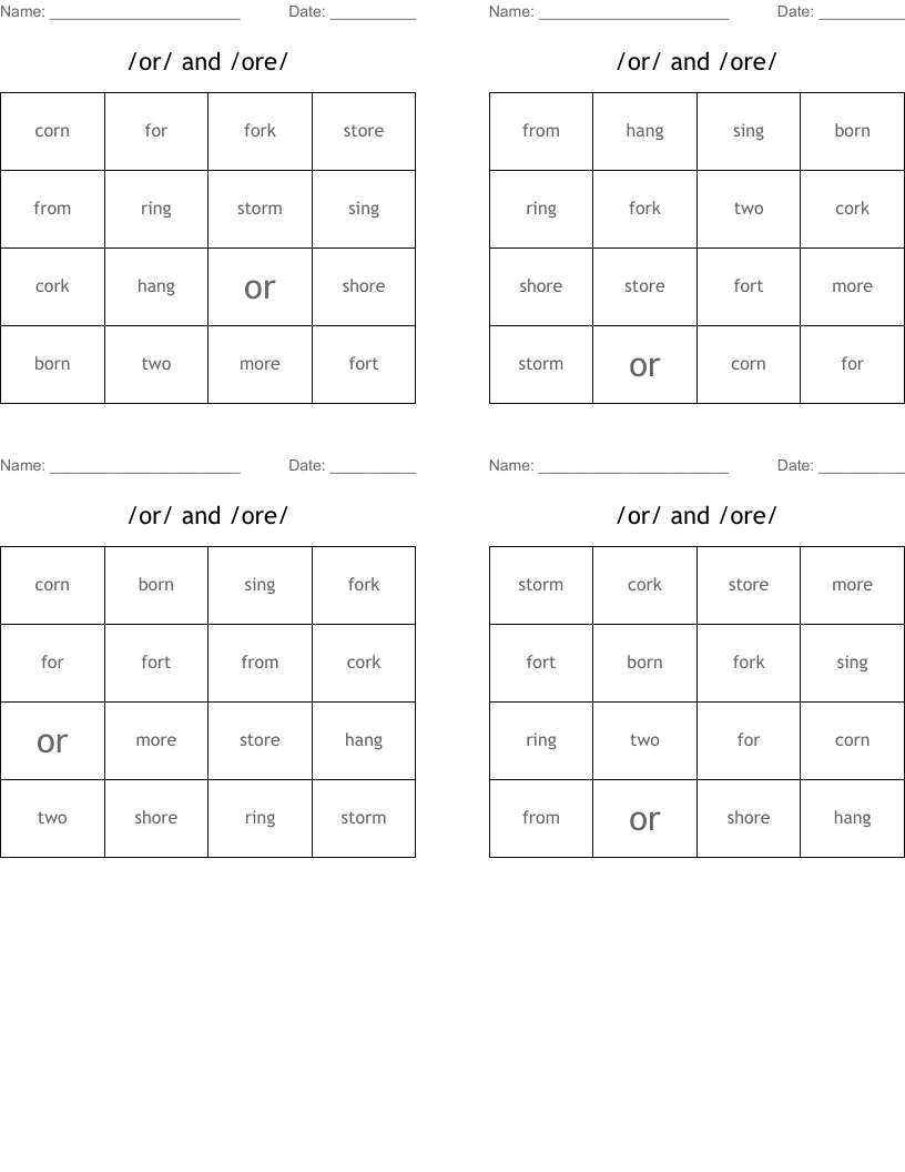 /or/ and /ore/ Bingo Cards