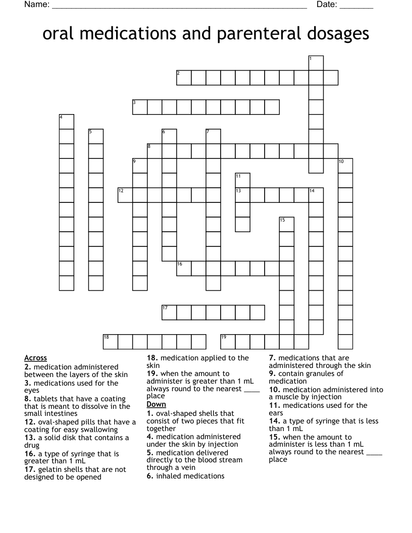 oral medications and parenteral dosages Crossword