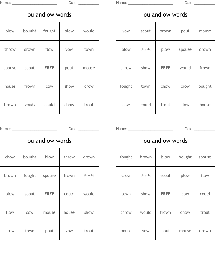 ou and ow words Bingo Cards