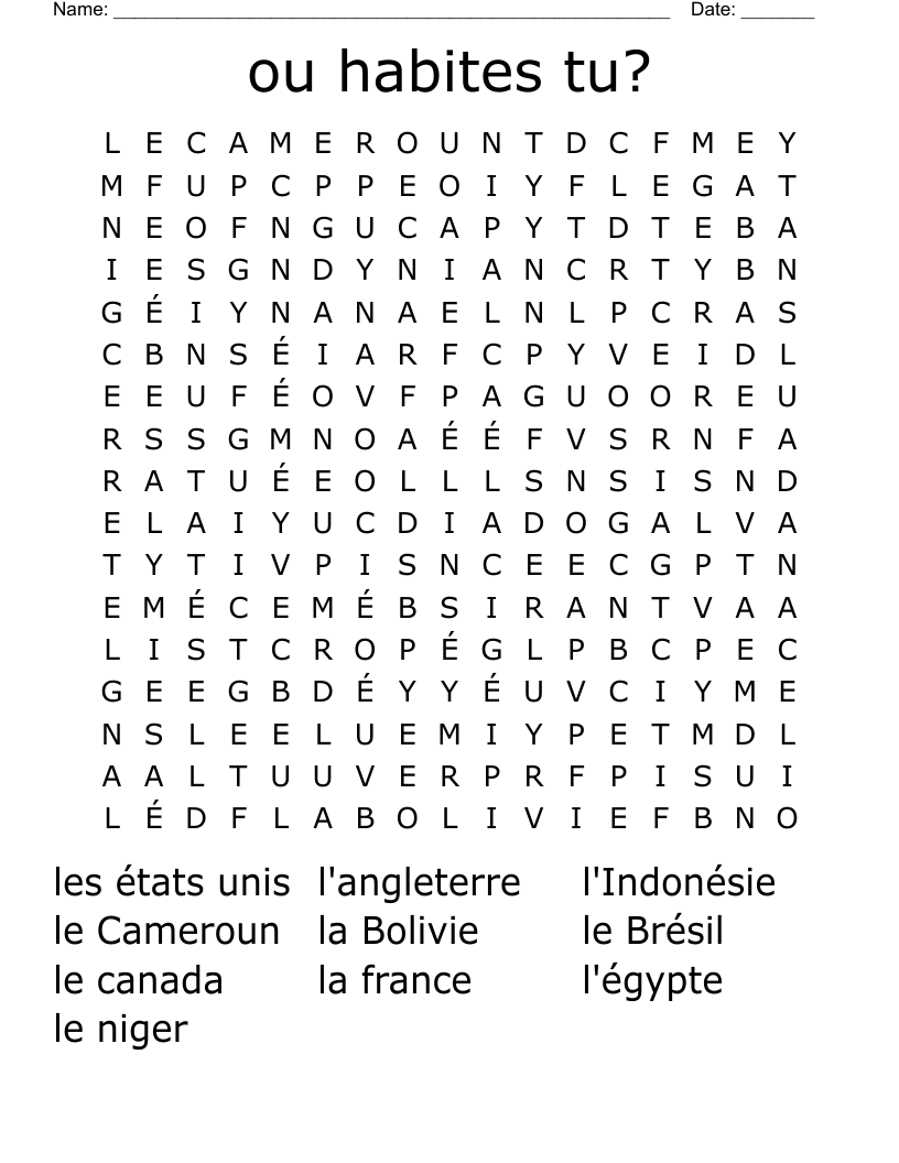 ou habites tu? Word Search