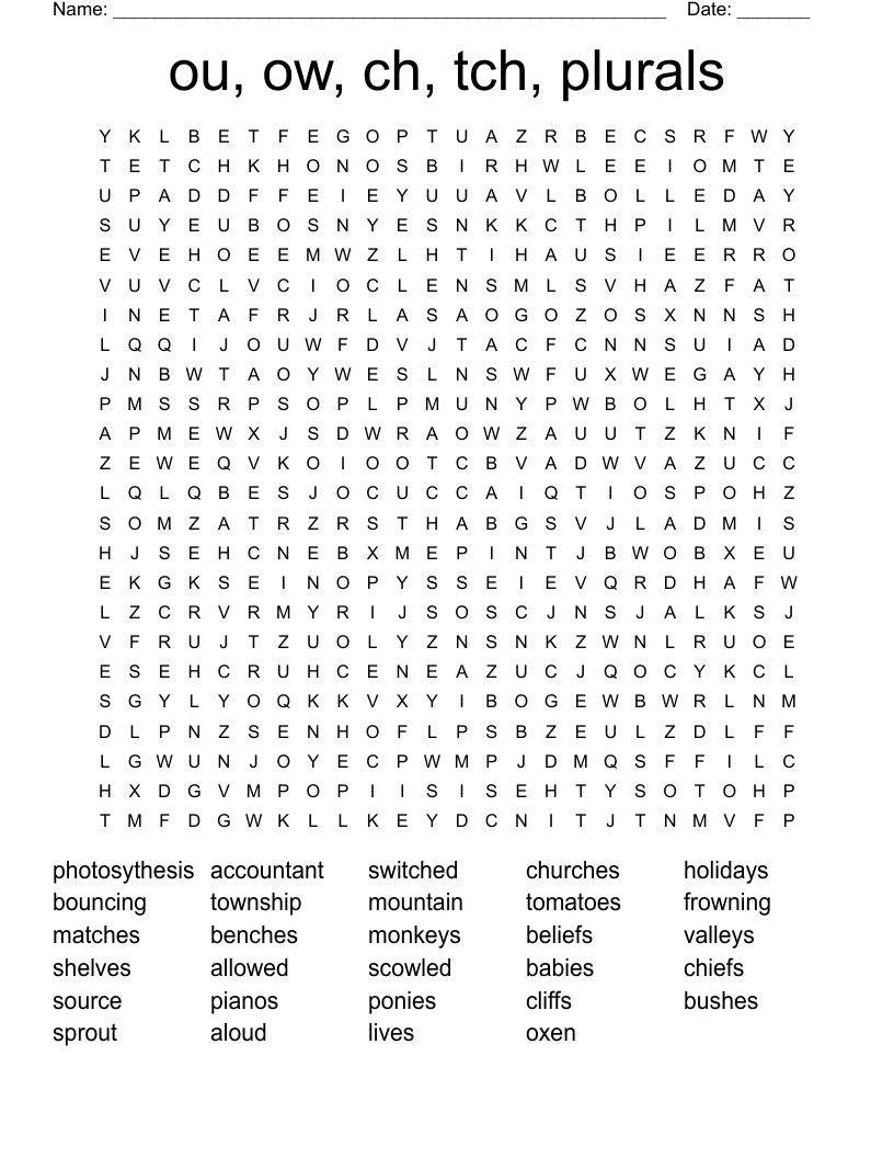 ou, ow, ch, tch, plurals Word Search