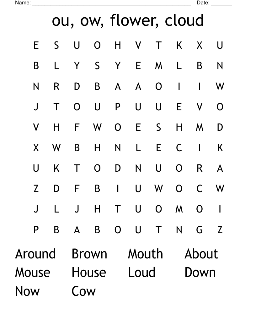 ou, ow, flower, cloud Word Search