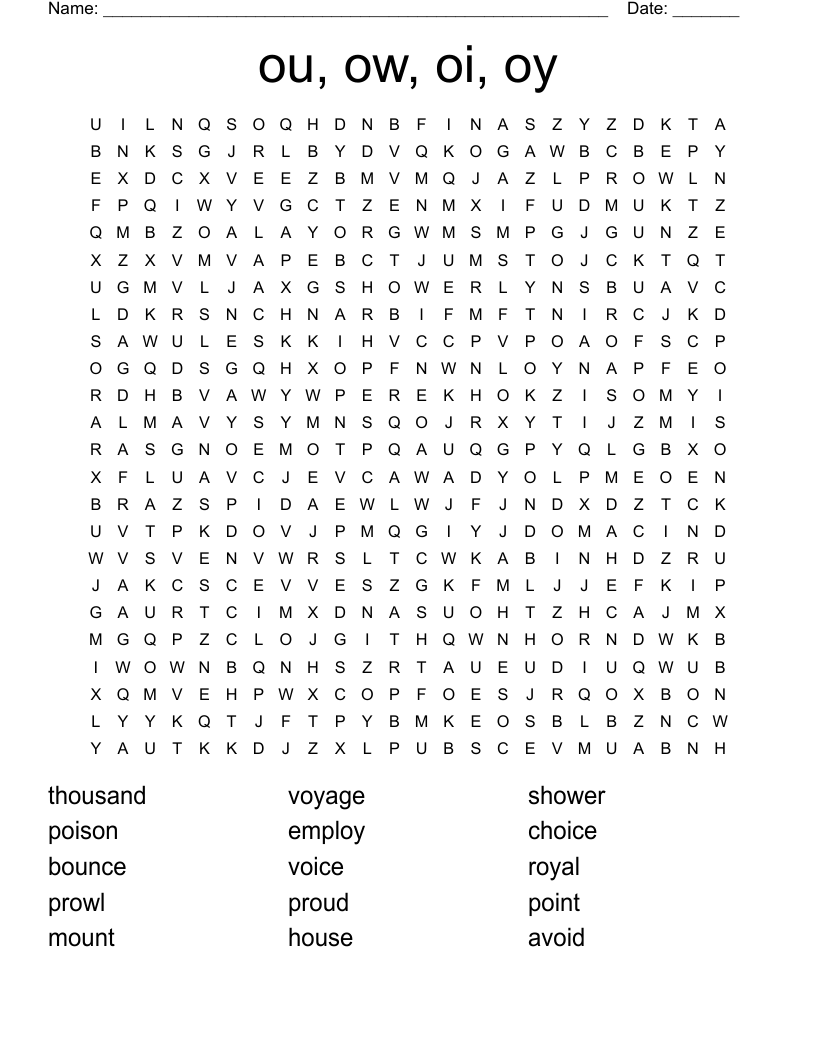 ou, ow, oi, oy Word Search