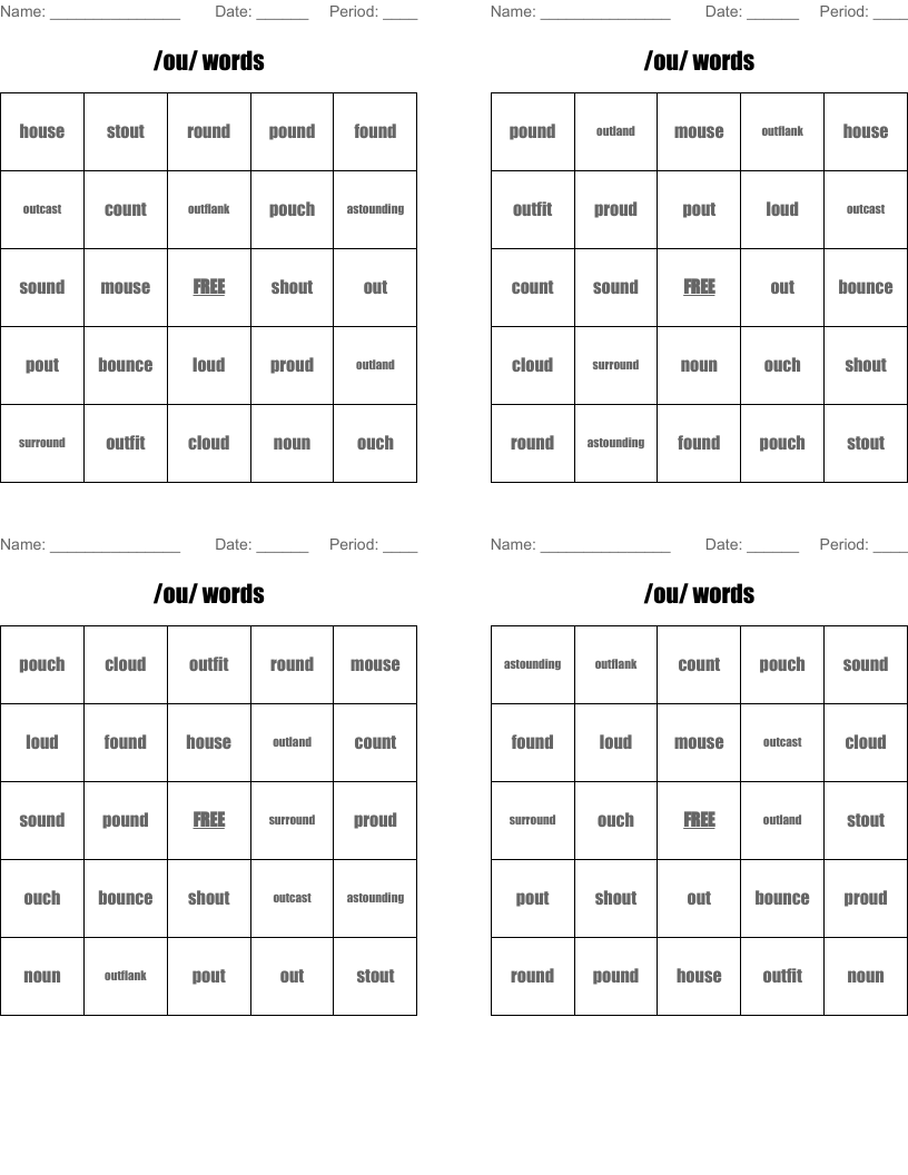 /ou/ words Bingo Cards