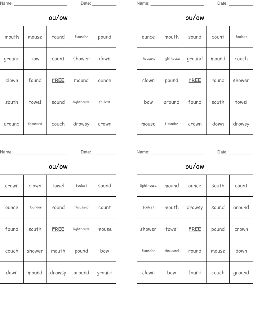 ou/ow Bingo Cards