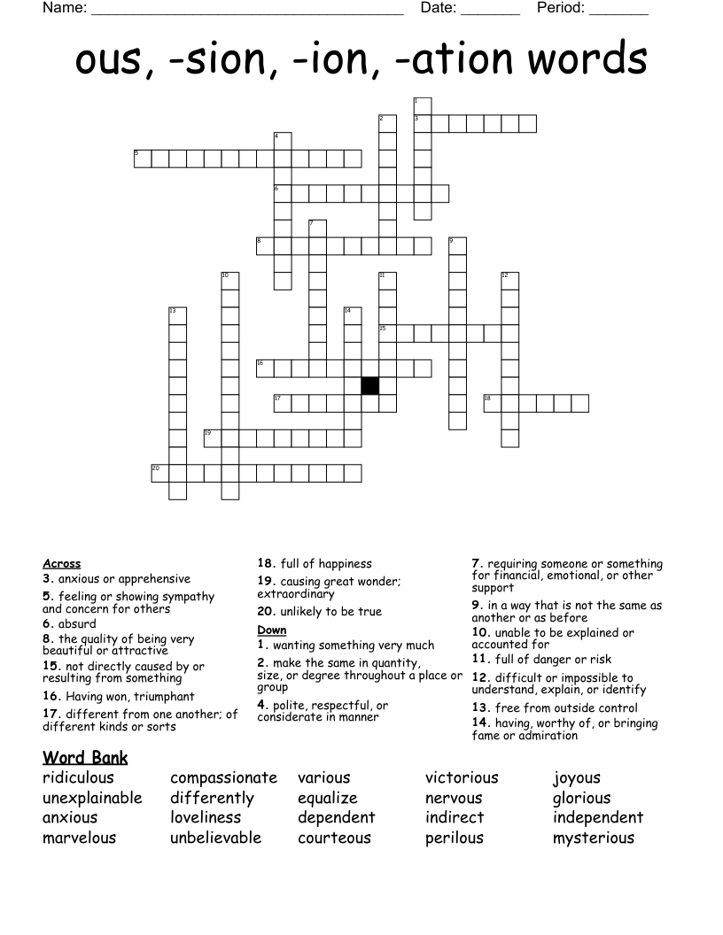 ous, -sion, -ion, -ation words Crossword