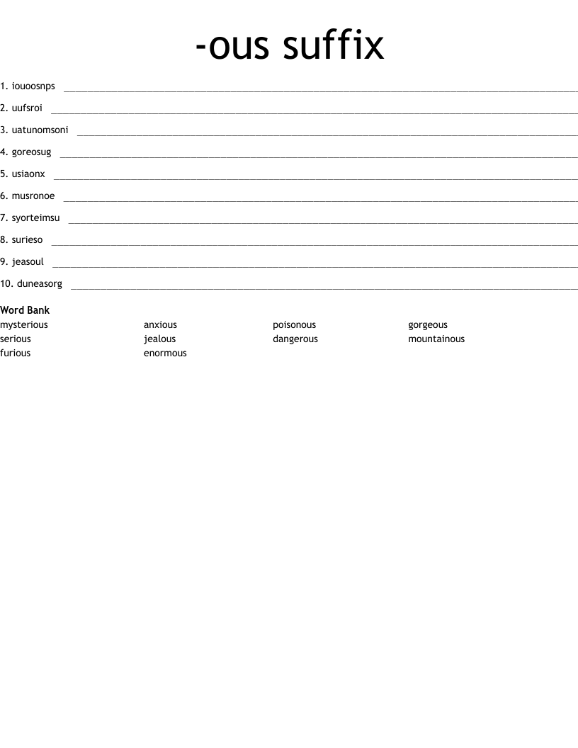 -ous suffix Word Scramble