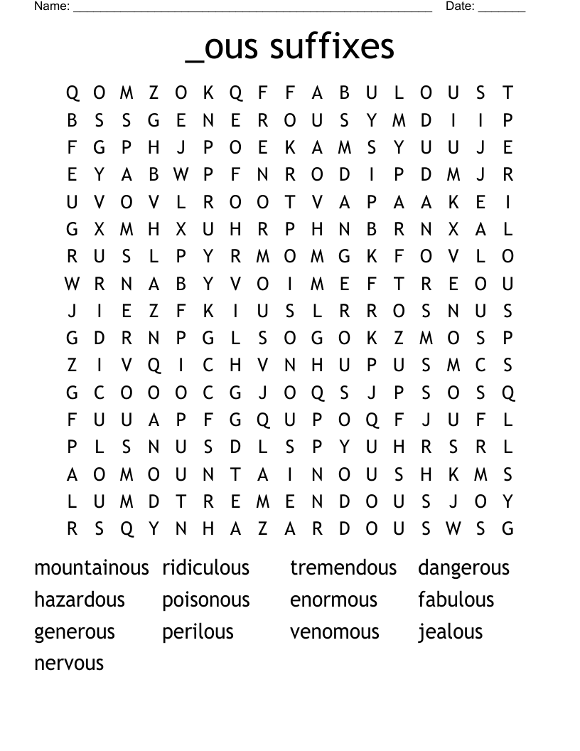 _ous suffixes Word Search