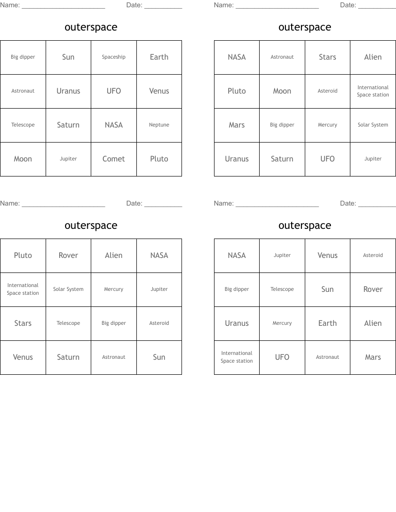outerspace Bingo Cards
