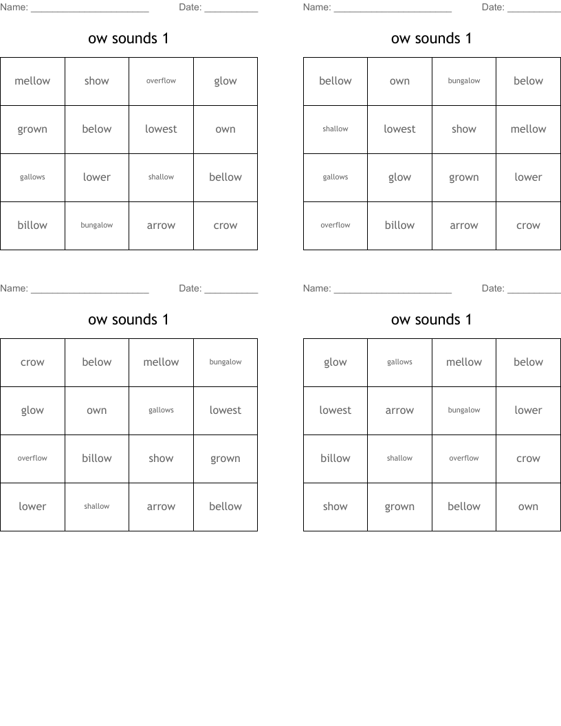 ow sounds 1 Bingo Cards