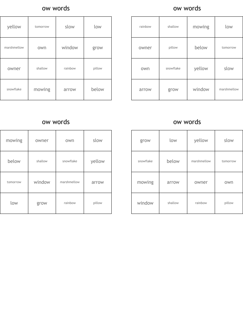 ow words  Bingo Cards