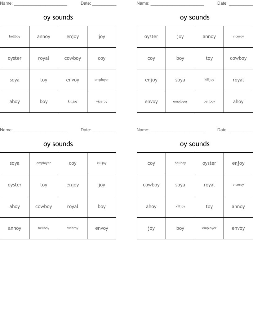 oy sounds Bingo Cards