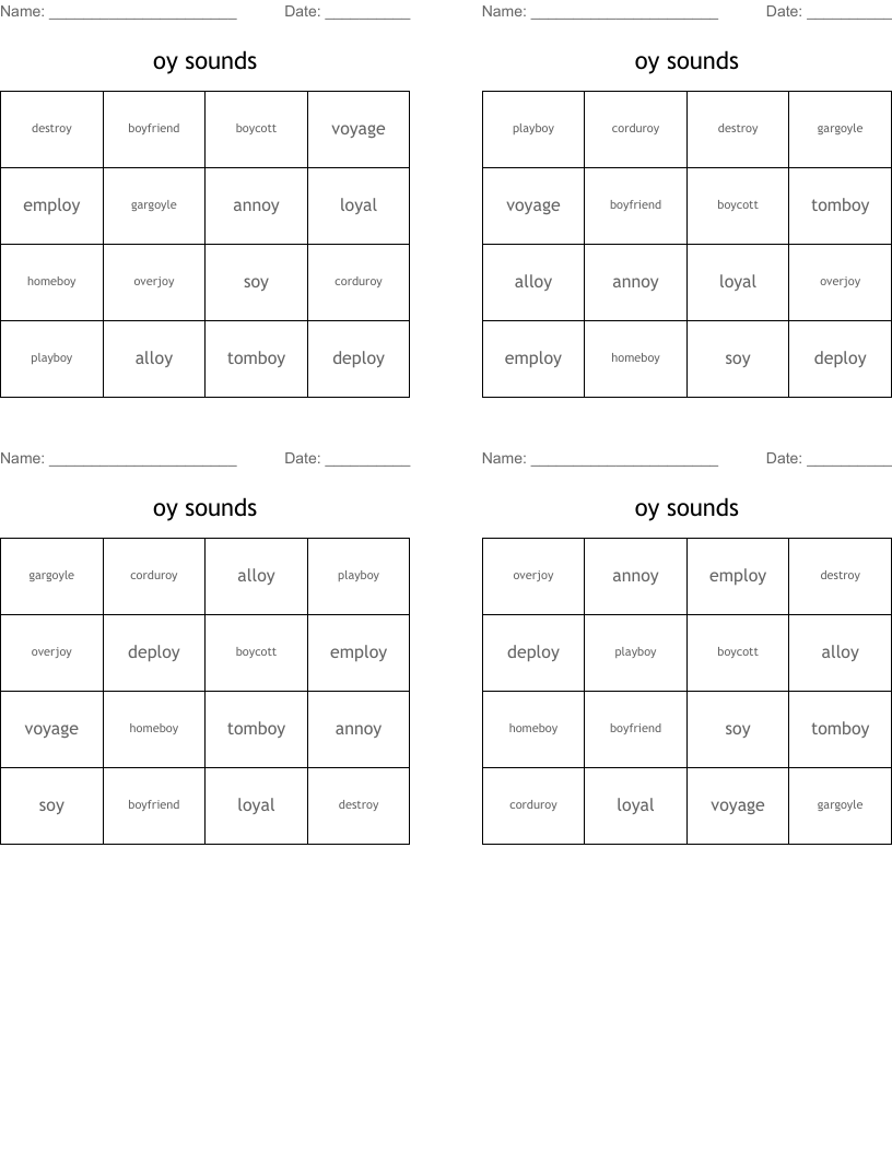 oy sounds Bingo Cards