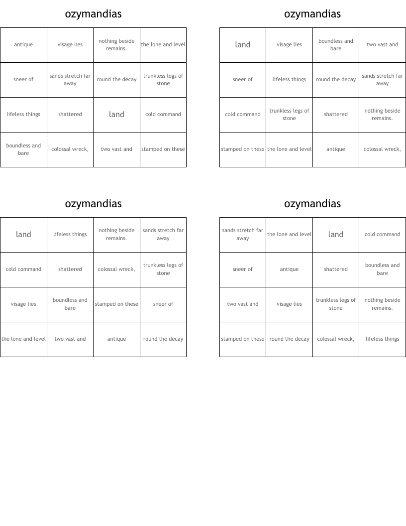 ozymandias  Bingo Cards