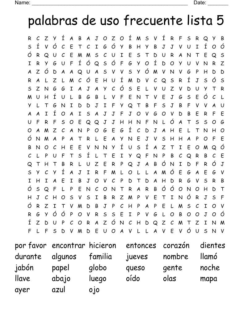 palabras de uso frecuente lista 5  Word Search
