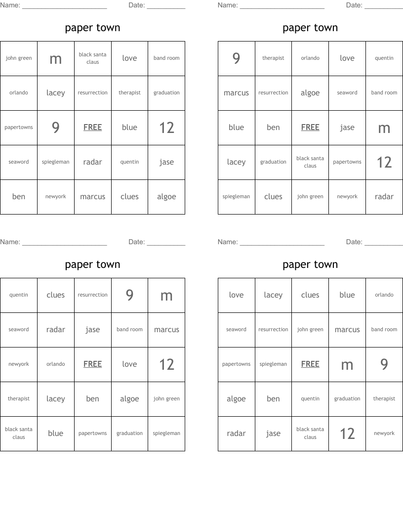 paper town Bingo Cards