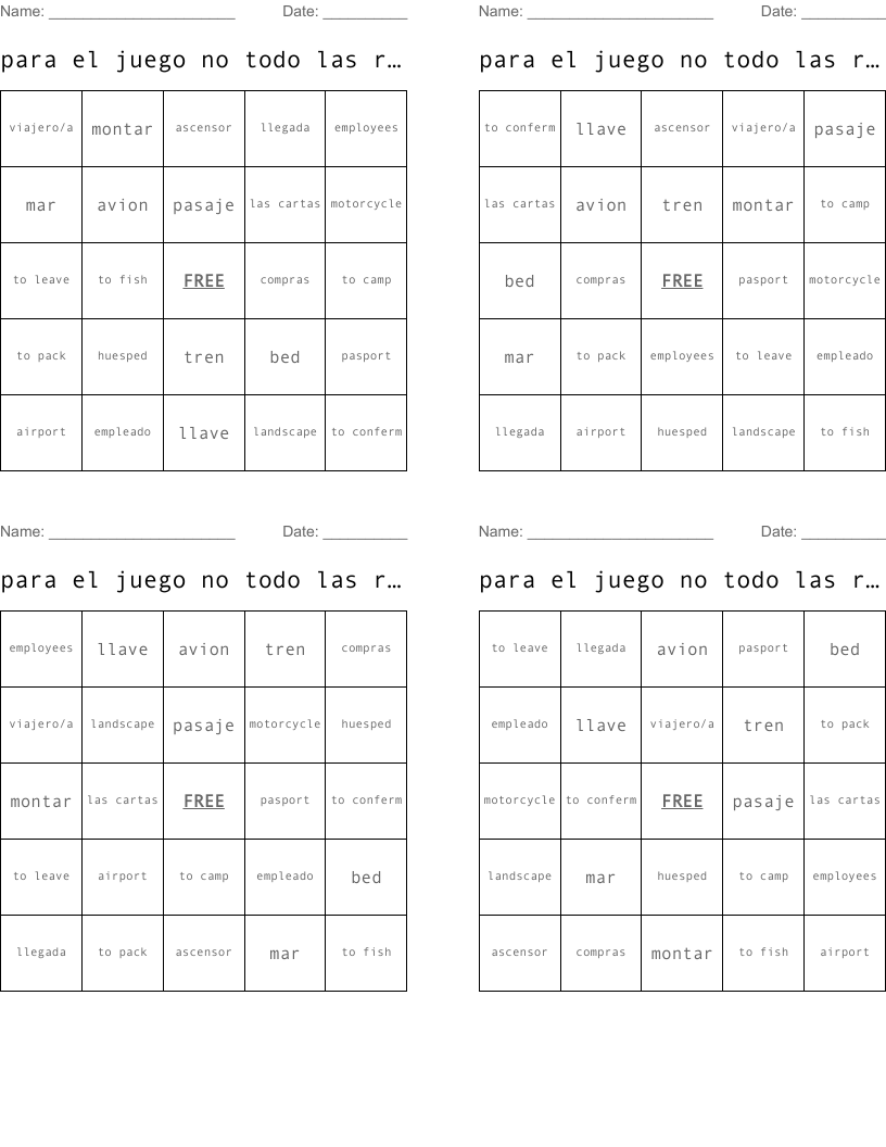 para el juego no todo las respuestas son en espanol o ingles Bingo Cards