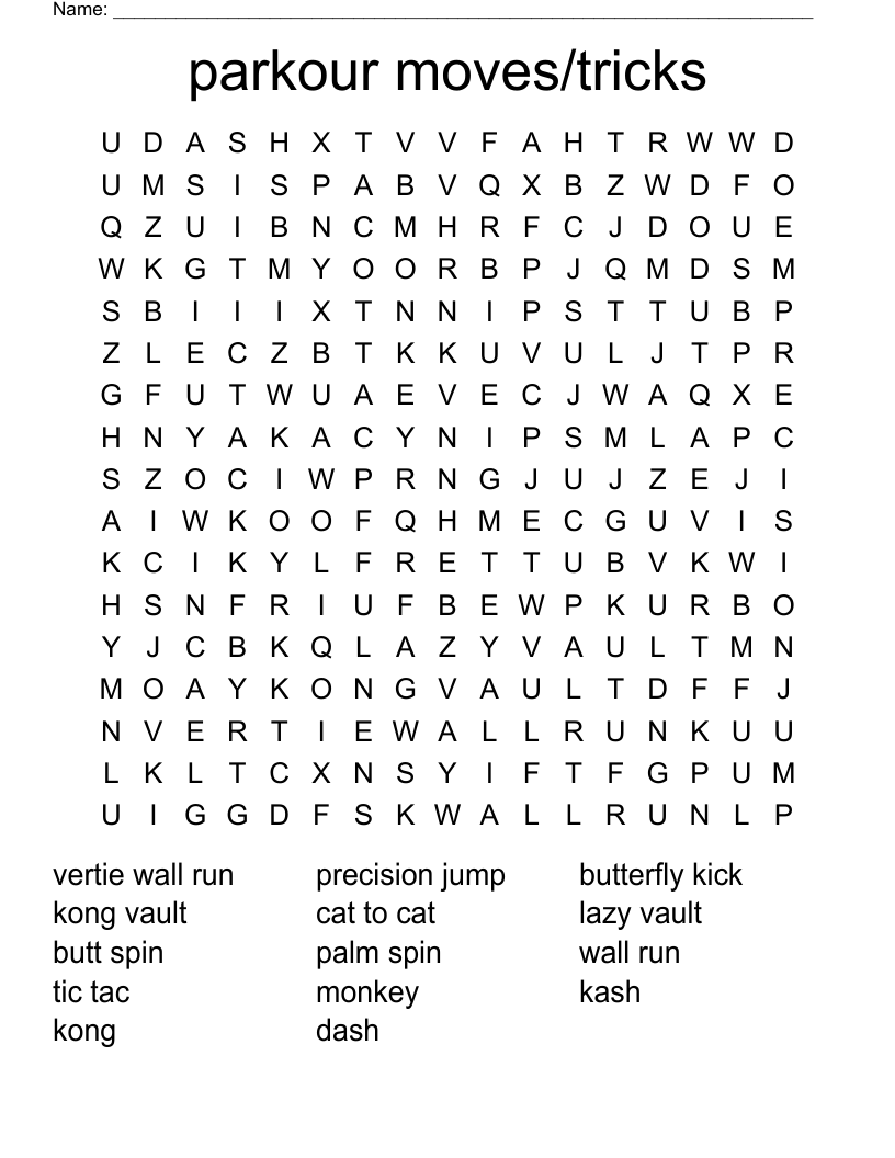 parkour moves/tricks Word Search