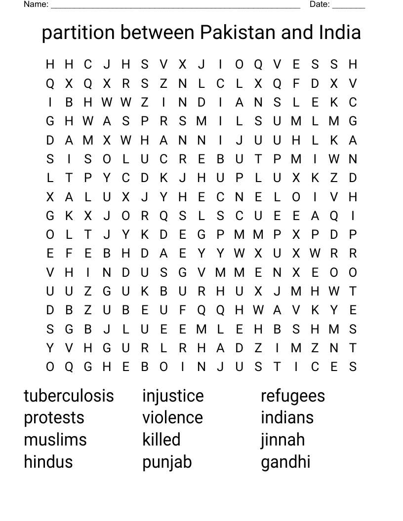 partition between Pakistan and India Word Search