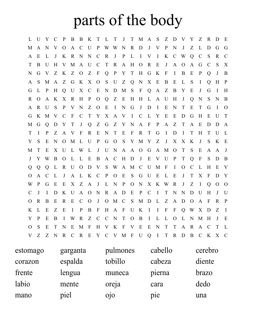 parts of the body Word Search