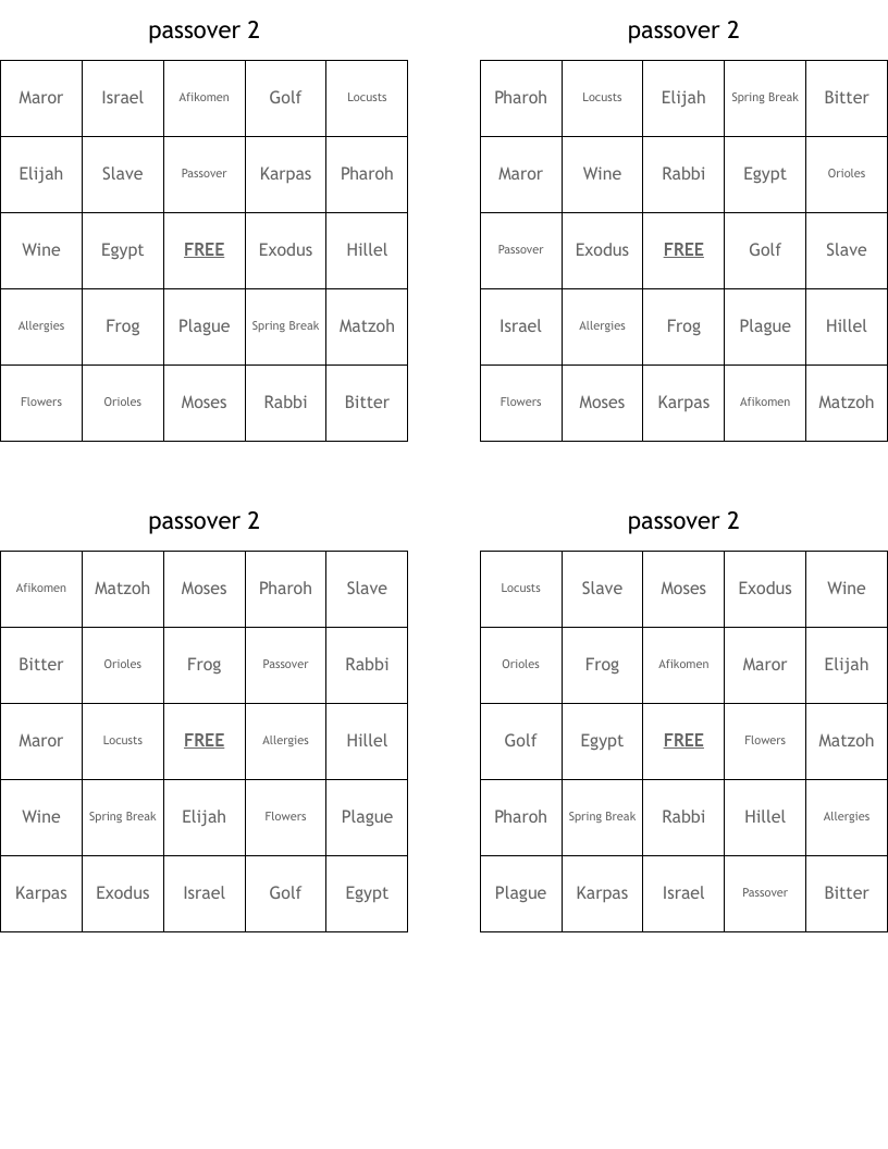 passover 2 Bingo Cards