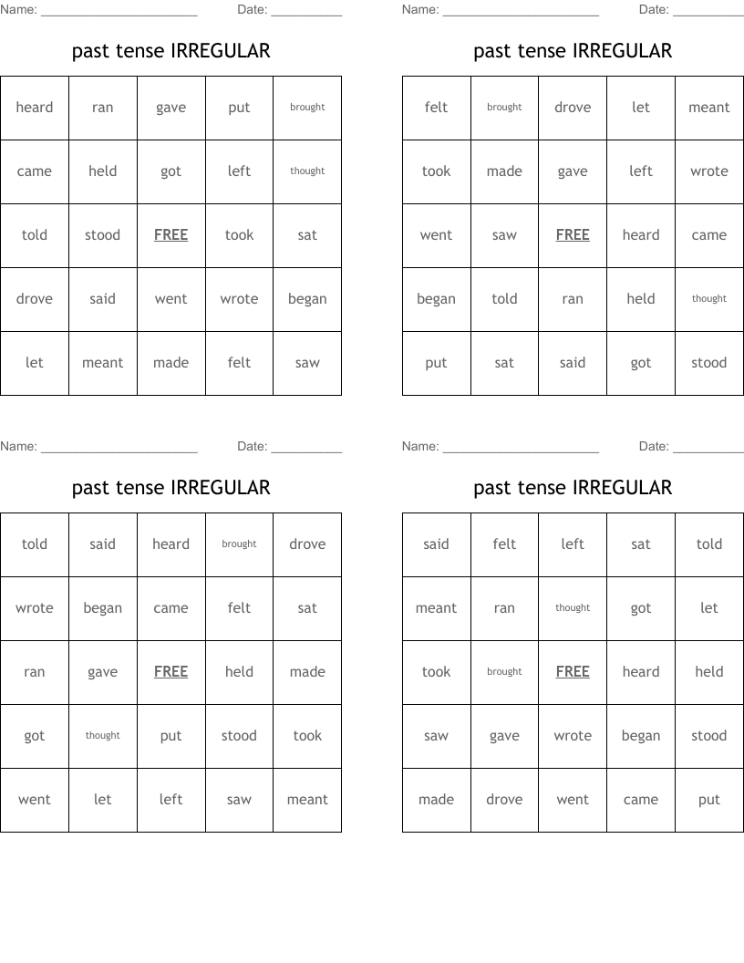 past tense IRREGULAR Bingo Cards