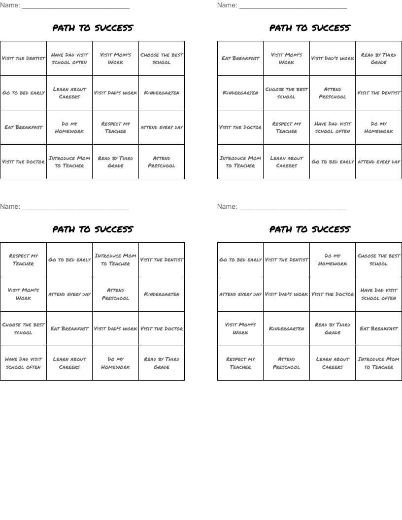 path to success Bingo Cards