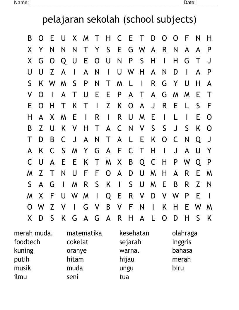 pelajaran sekolah             (school subjects) Word Search