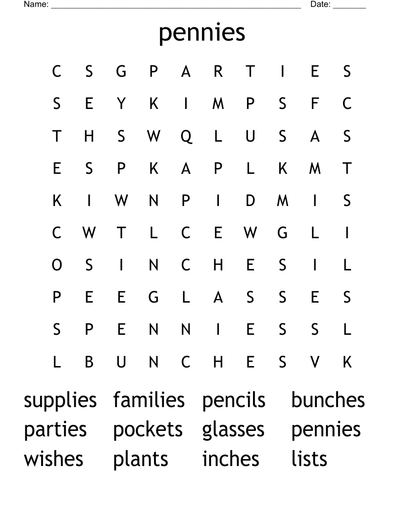 pennies Word Search