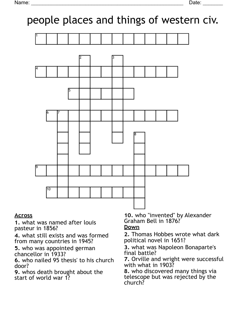 people places and things of western civ.  Crossword