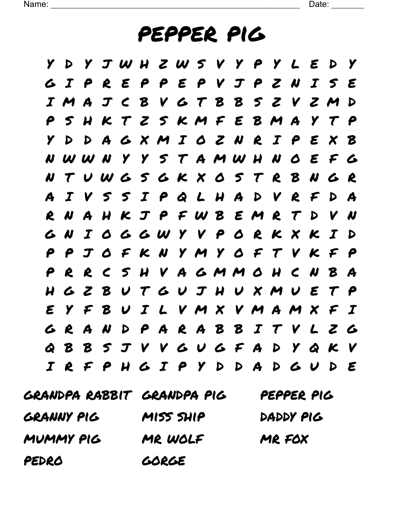 pepper pig Word Search