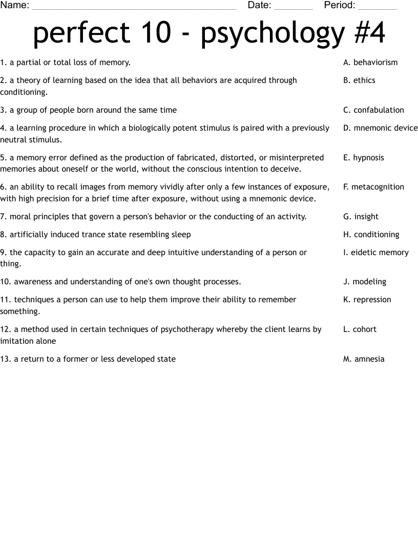 perfect 10 - psychology #4 Worksheet